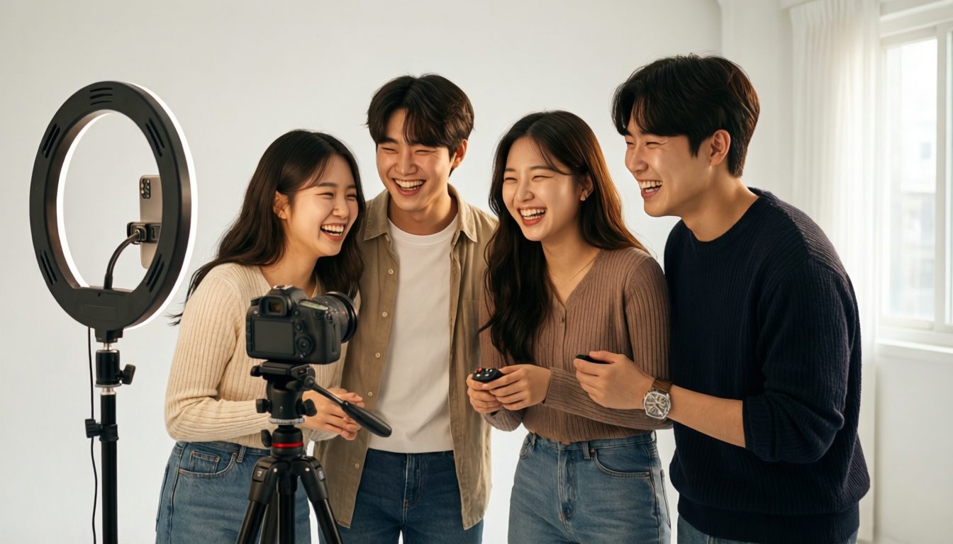 Friends taking photos in a Korean-style self photo studio